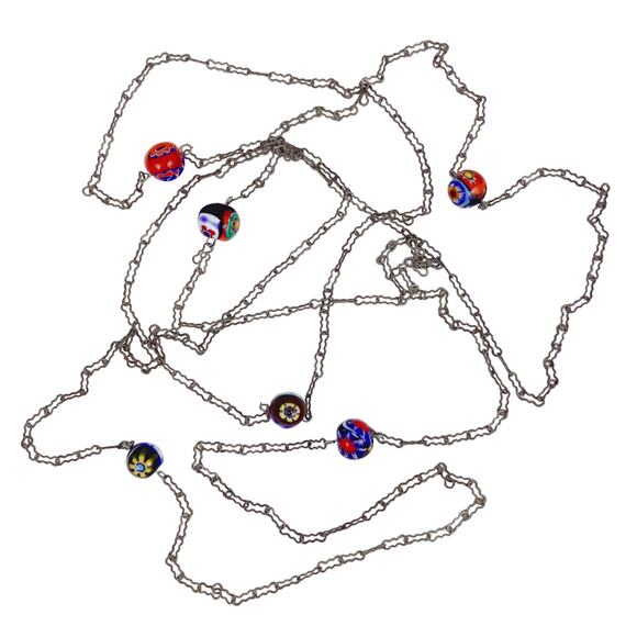 VTG 1950s 60s Millefiori Glass Bead Necklace Long Opera Silver Tone 54" Colorful - Picture 6 of 14